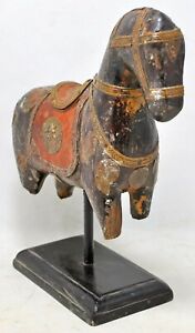 Vintage Wooden Horse Figurine Original Old Hand Carved Brass Fitted 