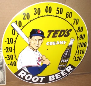 TED WILLIAMS - Root  Beer - BASEBALL Thermometer Face -12" Sign SHOWS OLD BOTTLE - Picture 1 of 13