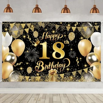 Black Gold 18Th Banner Happy 18Th Birthday Background Photo Decor Backdrop - Image 1 of 4