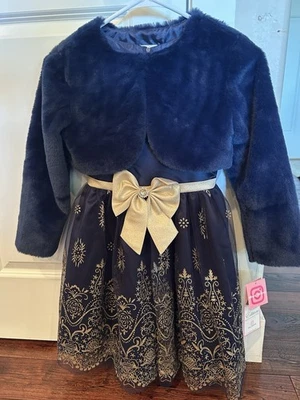 Vestido de festa edição rara azul e dourado, meninas, glitter, tamanhos 4T, 6, 7 e 12, novo com etiquetas - Imagem 1 de 4