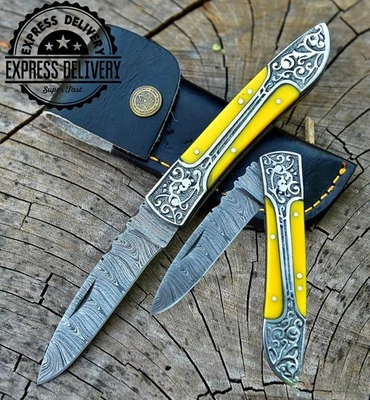 Handmade Damascus Steel Pocket Knife Folding Knife with Yellow Fiber Handle - Image 1 of 4