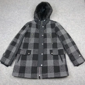 VINTAGE APT 9 Jacket Womens XLarge Coat Faux Fur Hood Trim Plaid Check Winter VT - Picture 1 of 12
