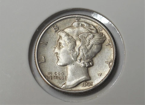 1931 . Mercury Dime . AU . Almost Uncirculated . AU Cover