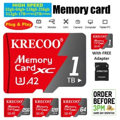 Micro SD Memory Card 32GB 64GB 128GB 256GB 512gb 1TB 2TB Class 10 High Speed - Image 1 of 4