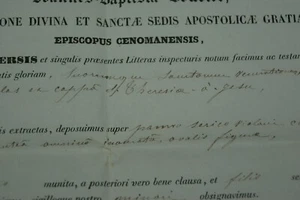 † año 1852 certificado de autenticidad santa teresa de ávila reliquias ocd relicario documento obispo francia † - Imagen 1 de 9