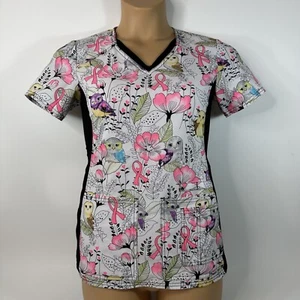 Cherokee iflex Scrub Top Breast Cancer Awareness Flowers Owls Stretch Womens XS - Picture 1 of 10