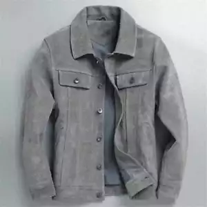 Leather Trucker Jacket for Men Gray  Pure Suede Custom Made Size S M L XXL 3XL - Picture 1 of 5