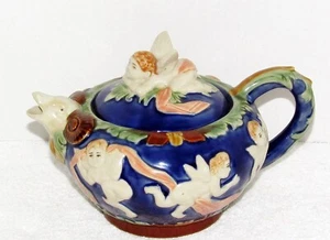 Vintage Majolika Teekanne blau mit Cherubs - Bild 1 von 5