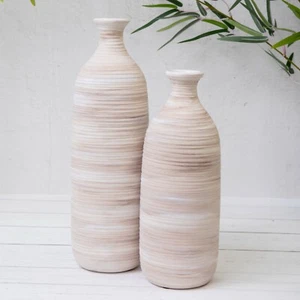 Natural Rustic Stoneware Vase Ribbed Ceramic Bottle Tall Boho Flower Vase Decor - Picture 1 of 4