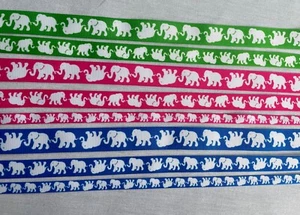 White elephant on Green Pink Blue grosgrain ribbon BTY 7/8” 5/8" 3/8" 1.5" - Picture 1 of 4