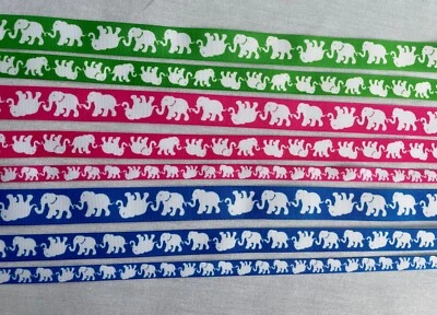 White elephant on Green Pink Blue grosgrain ribbon BTY 7/8” 5/8" 3/8" 1.5" - Image 1 of 4