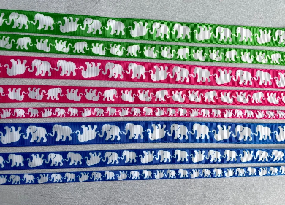 White elephant on Green Pink Blue grosgrain ribbon BTY 7/8” 5/8" 3/8" 1.5" - Image 1 of 4