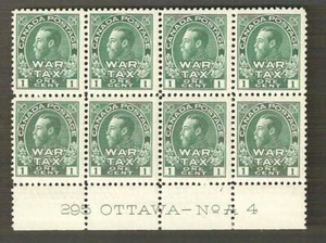 MR1 War Tax Lower Plate block of 8 #A4 F/VF H/NH Ver nice - Picture 1 of 2