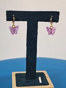 Lilac Colored Opalite Butterfly Earrings on Gold Toned Huggie Hoops - Picture 1 of 4