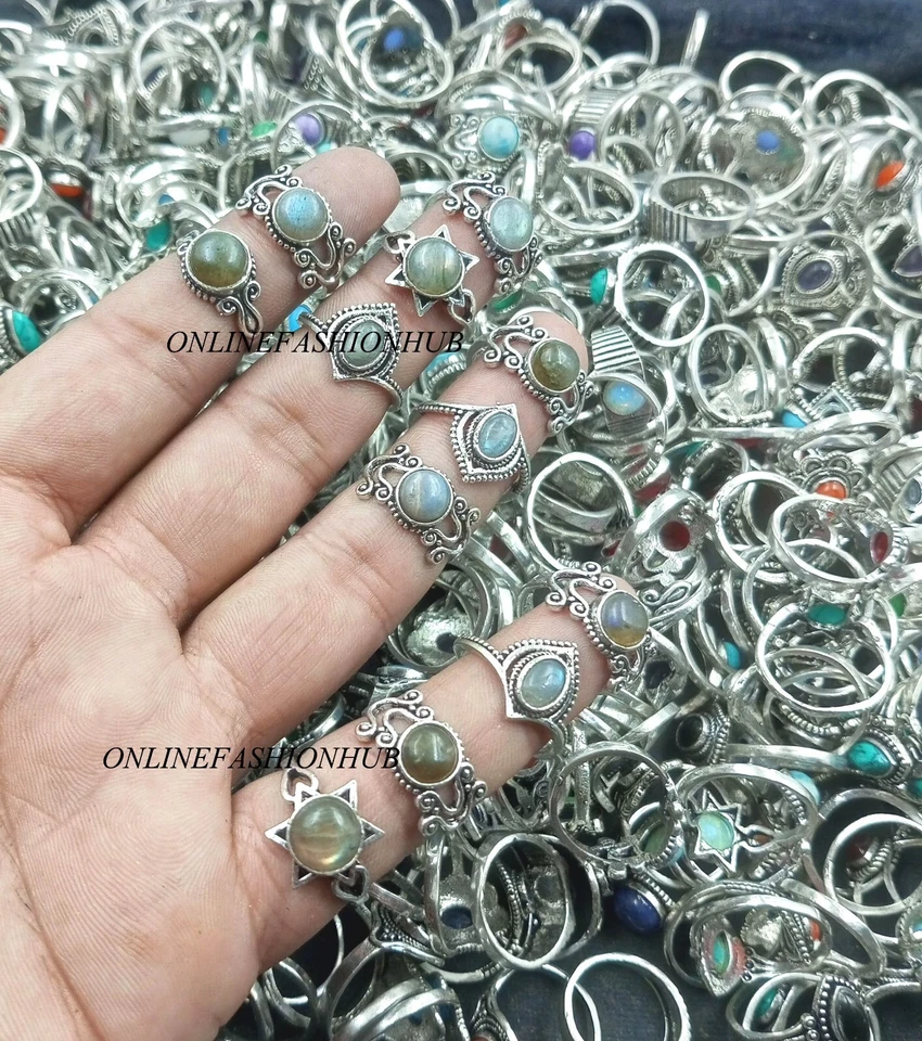 Lote de anillos hippies enchapados en plata de ley 925 con piedras preciosas de labradorita múltiple para regalo~ Foto 1 de 1