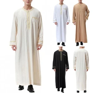 Mens Muslim Islamic Long Sleeve Maxi Robe Dress Kaftan Saudi Arab Thobe Jubba US - Picture 1 of 24