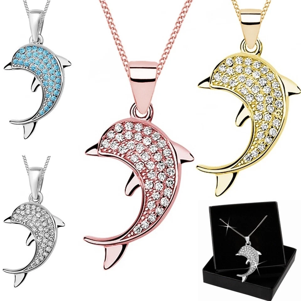 Zirkonia Delfin Halskette Anhänger 925 Silber Mädchen Damen Rosegold Gold Kette - Bild 1 von 1