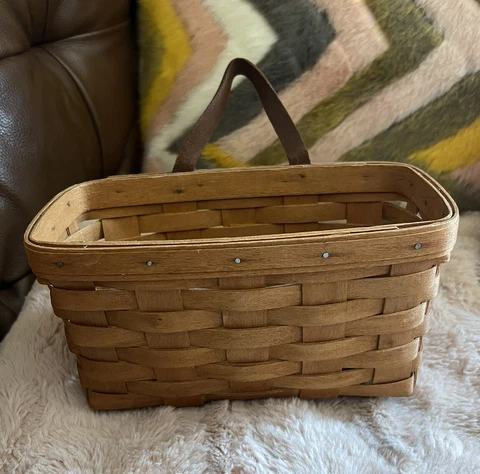 Vintage 1995 9” Longaberger Hanging Wall Mail Basket w/ Leather Strap Signed Cover