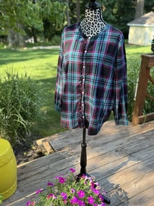 Old Navy schwarz kariert Knopfleiste Kragen Top XXL Knopfleiste Rüschenborte Baumwolle - Bild 1 von 9