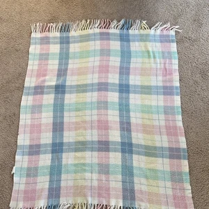 Vintage Pastel Plaid Baby Blanket With Fringe 45x35” Unisex Acrylic ~MADE IN USA - Picture 1 of 7