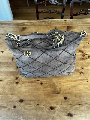 Tory Burch Quilted Suede Shoulder Bag – Taupe Brown – Gold Chain Strap Logo - Image 1 of 4