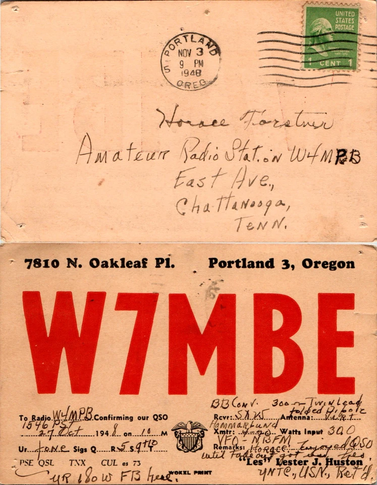 Ham Radio QSL Postcard W7MBE Portland OR Huston Folded Dipole Notes 1948 - Image 1 of 1