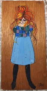 Pintura al óleo sobre tabla de madera firmada por Jan McPherson de mujer pelirroja vintage 12x6 - Imagen 1 de 2
