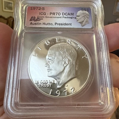 1972 S Eisenhower Silver Dollar ICG PR70 DCAM Signed Austin Hutto 72s Proof 70 - Image 1 of 3
