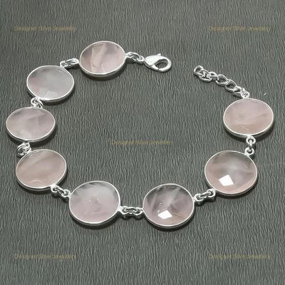 Pulsera artesanal de boda de plata de ley 925 con piedras preciosas de cuarzo rosa cadena madre Foto 1 de 4