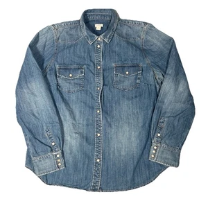 J Crew Shirt Women’s XL Blue Indigo Denim Pearl Snap Western Chambray Cowgirl - Picture 1 of 5