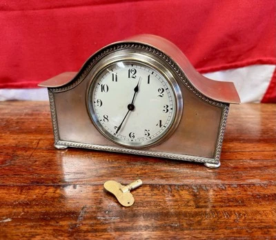 Petite Silvered Edwardian Swiss Mechanical Desk or Mantel Clock (British made) - Image 1 of 4