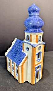 VTG 1993 Ursula Leyk Lichthaus German Tea Light Church Blue, Tan, Signed - Picture 1 of 5