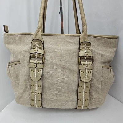 Bolso de Mano Kate Landry Bolso de Mano Beige Cuero Dorado Apagado Yute Cremallera Superior Foto 1 de 4
