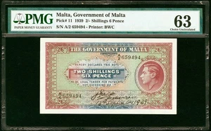 Malta 2 Shillings 6 Pence 1939 KG - VI Pick - 11 CH UNC PMG 63 - Bild 1 von 2