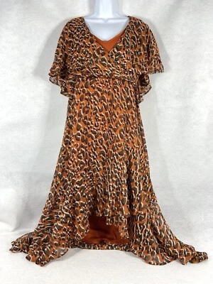 Calvin Klein Maxi Dress Women’s 18W Brown Orange Leopard Print High Low - Image 1 of 4