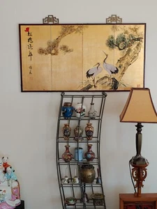 景维宏金漆松鹤延年挂屏 Chinese Watercolor Painting Pine Tree Cranes Gilt Artwork Hang Panel - Picture 1 of 24