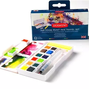 NEW Derwent Inktense 12 Colours Watercolour Paint Pans Travel Set + Water Brush - Picture 1 of 8