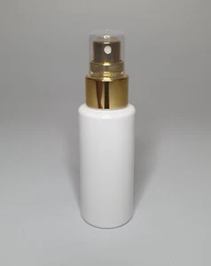 50ml PET Plastic White Cylindrical Bottles & Full Gold Atomiser Spray ANY AMOUNT - Picture 1 of 1