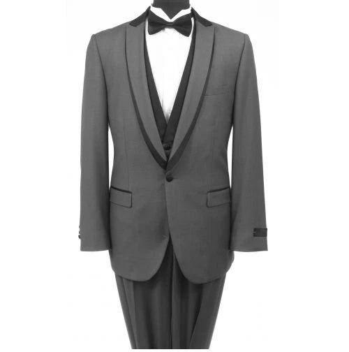 Slim Fit 1 Button Peak Shawl Lapel Satin Black Trim Collar Prom Tuxedo With Vest - Image 1 of 4