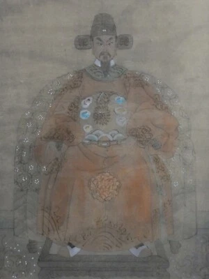 Antiguo retrato de patriarca de hombre antepasado chino sobre seda Foto 1 de 4