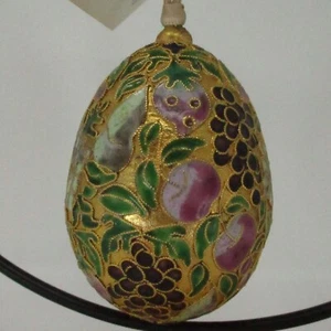 Cloisonné Egg Ornament Gold Enameled w/ Nyco Tag Victorian Rose Fruit Plum Grape - Picture 1 of 9
