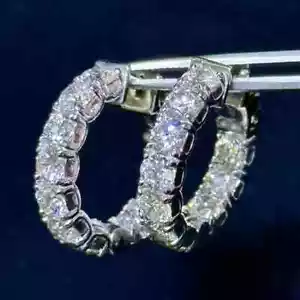 Women's 3CT Round Cut Real Moissanite Hoop Huggie Earrings 14K White Gold Plated - Picture 1 of 7