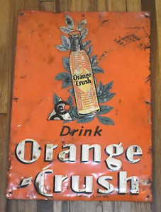 RARA INSEGNA PUBBLICITARIA VINTAGE ANTICA BEVANDA ARANCIONE CRUSH SODA POP METAL con CRUSHY - Foto 1 di 6