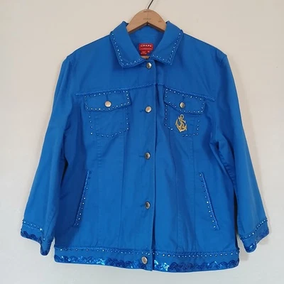 复古 Chaps 蓝色亮片镶嵌水手主题牛仔夹克女式 XL — 第 1/4 张图片