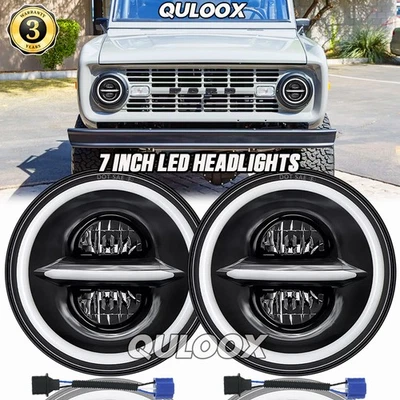 Fit Ford Bronco 1966-1978 2x 7'' round LED Headlight Hi/Lo Halo Turn Signal Lamp - Image 1 of 4