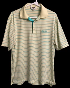 Peter Millar Men Polo Shirt Short Sleeve Yellow Light Horizontal Blue Stripe M - Picture 1 of 6