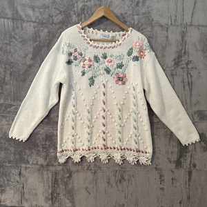 Vintage Shenanigans Sweater Size S Ivory Floral Embroidered Ribbon Crochet Trim - Picture 1 of 11