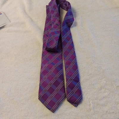 Gravata xadrez TED BAKER LONDON seda vinho/azul-amarelo linhas finas clássica - Imagem 1 de 4