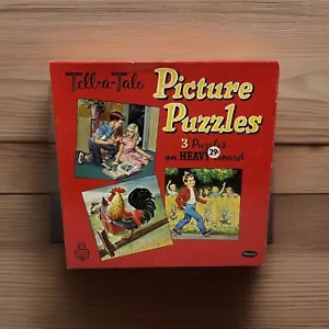 3 VINTAGE 1950's TELL-A -TALE PICTURE PUZZLES ~ With Original Box Grannycore - Picture 1 of 9