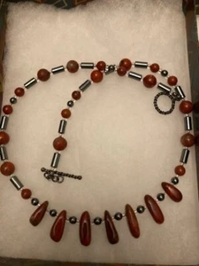 Handmade Red Brecciated Jasper and Haematite natural stone beaded Necklace - Picture 1 of 3